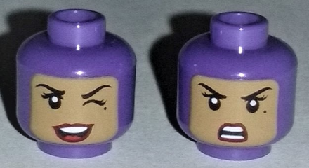 Minifigure, Head Dual Sided Female Balaclava with Medium Nougat Face, Black Eyebrows, Eyelashes, Beauty Mark, Dark Red Lips, Wink and Open Mouth Smile with Top Teeth and Red Tongue / Angry with Teeth Parted Pattern