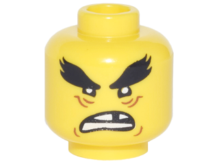 Minifigure, Head Black Bushy Eyebrows, Reddish Brown Wrinkes, Open Mouth Scowl with Missing Tooth Pattern