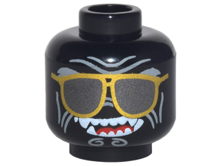 Minifigure, Head Alien with Gold Sunglasses with Dark Silver Lenses, Light Bluish Gray Cheek Lines, Chin Swirls and Forehead Creases, Open Mouth Smile with Sharp Teeth Parted and Red Tongue Pattern