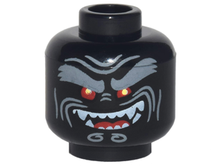 Minifigure, Head Alien with Light Bluish Gray Bushy Eyebrows, Red Eyes, Open Mouth Crooked Smile Left Raised with Fangs Pattern