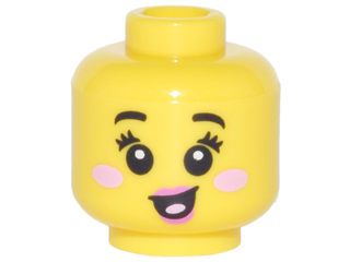 Minifigure, Head Female Black Small Eyebrows, Eyelashes, Bright Pink Round Cheek Spots, Dark Pink Lips and Open Mouth Smile Pattern