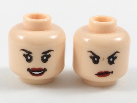 Minifigure, Head Dual Sided Female Black Eyebrows, Double Eyelashes, Red Lips, Open Mouth Smile with Teeth / Scowl Pattern