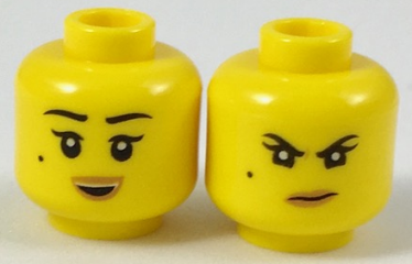 Minifigure, Head Dual Sided Female Black Eyebrows, Single Eyelashes, and Beauty Mark, Nougat Lips, Open Mouth Smile with Top Teeth / Scowl with Wrinkle between Eyes Pattern