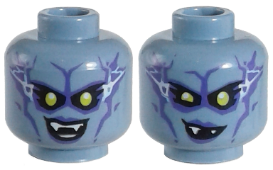 Minifigure, Head Dual Sided Alien Female with Yellow Eyes, Lightning, Purple Lips and Shading, Fangs, Smile / Wink, Lopsided Smirk Pattern