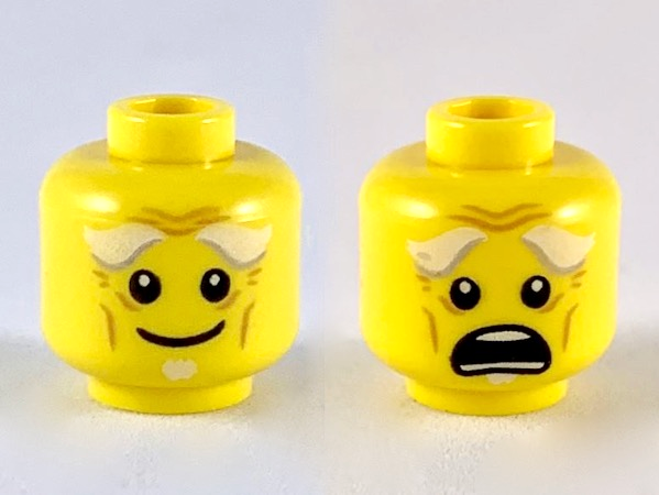 Minifigure, Head Dual Sided White Bushy Eyebrows, Goatee, Wrinkles, Smile / Open Mouth Scared Pattern
