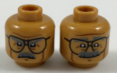Minifigure, Head Dual Sided Glasses, Dark Bluish Gray Eyebrows and Moustache, Firm / Determined Pattern