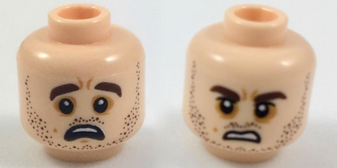 Minifigure, Head Dual Sided Dark Brown Eyebrows and Stubble, Dark Orange Around Eyes, Scared / Sneer Pattern