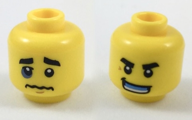 Minifigure, Head Dual Sided Black Eyebrows, Wrinkled Mouth, Blue Black Eye / Confident Grin, Medium Blue Mouth Guard Pattern