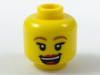 Minifigure, Head Female Dark Orange Eyebrows, Black Eyelashes, Red Lips, Open Mouth Laugh Pattern