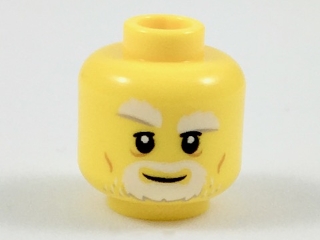 Minifigure, Head Beard Gray and White, Thick Eyebrows, Right Raised Eyebrow, Dark Orange Cheek Lines Pattern