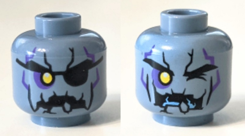 Minifigure, Head Dual Sided Alien with Yellow Right Eye, Eye Patch, Jagged Rock Mouth and Stone Cracks Pattern