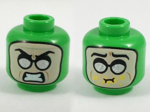 Minifigure, Head Dual Sided Balaclava, Light Nougat Face, Silver Round Sunglasses, Scowl / Eating Mustard Pattern