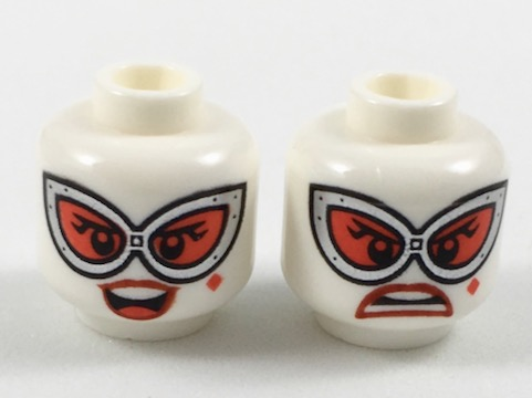 Minifigure, Head Dual Sided Female Large Silver Goggles with Red Lenses, Red Lips and Diamond Beauty Mark, Smile / Frown Pattern