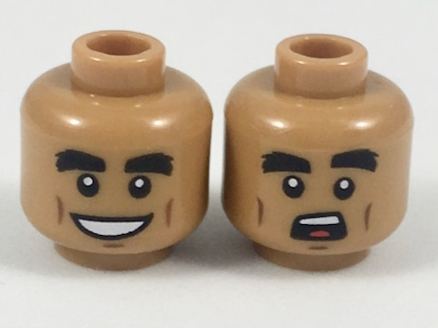 Minifigure, Head Dual Sided Thick Black Eyebrows, Reddish Brown Cheek Lines, Open Grin / Surprised Expression Pattern