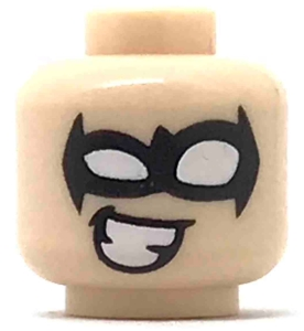 Minifigure, Head Black Eye Mask with White Eye Holes and Cheesy Smile Pattern (Nightwing)