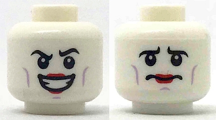 Minifigure, Head Dual Sided Black Eyebrows, Lavender Cheek Lines, Red Lipstick, Wide Grin / Worried Pattern