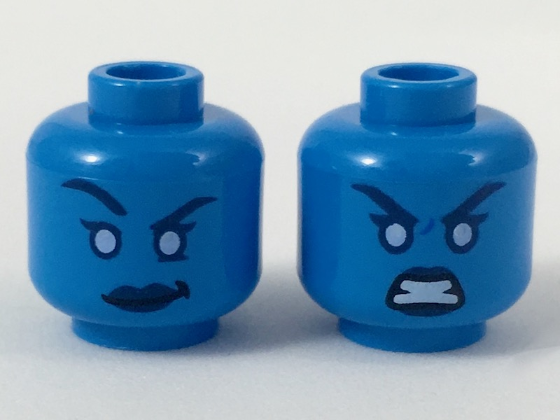 Minifigure, Head Dual Sided Alien Female Dark Blue Eyebrows and Lips, Smirk with Raised Eyebrow / Fierce Expression Pattern