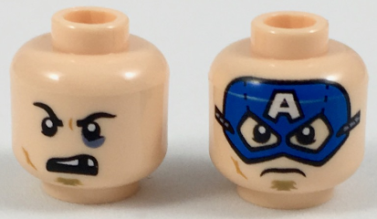Minifigure, Head Dual Sided Black Eyebrows, Dark Tan Soul Patch, Black Eye and Missing Tooth / Blue Captain America Mask Pattern