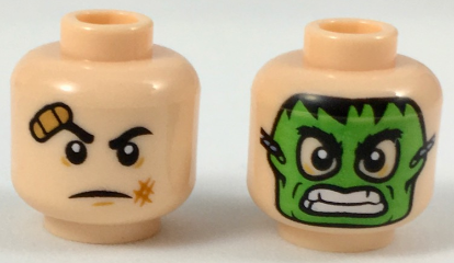 Minifigure, Head Dual Sided Bandaged Brow and Bruised Cheek / Green Hulk Mask Pattern