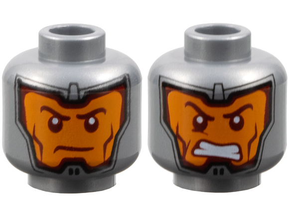 Minifigure, Head Dual Sided Balaclava, Orange Face, Dark Red Eyebrows and Cheek Lines, Firm / Gritted Teeth Pattern