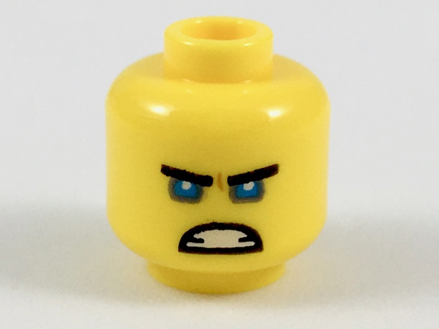 Minifigure, Head Black Straight Eyebrows, Medium Blue Eyes, Angry Scowl with Teeth Pattern