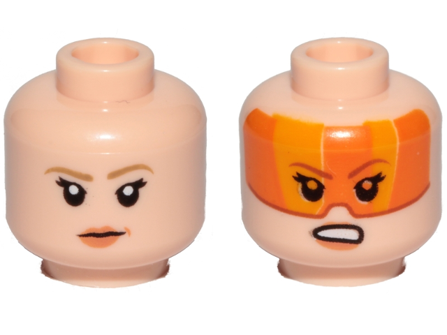 Minifigure, Head Dual Sided Female Dark Tan Eyebrows, Orange Lips, Frown Pattern / Orange Visor, Angry (SW Resistance A-wing Pilot)