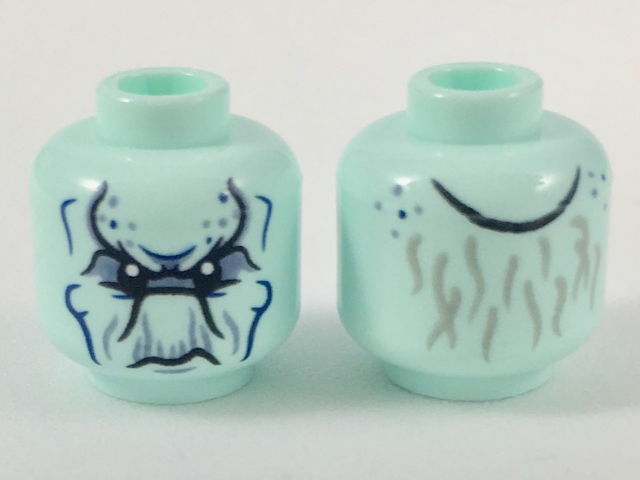 Minifigure, Head Alien with Black Eyes and Contours, Sand Blue Spots and Wrinkles, Dark Blue Cheek Lines, and Light Bluish Gray Thin Hair on Back Pattern