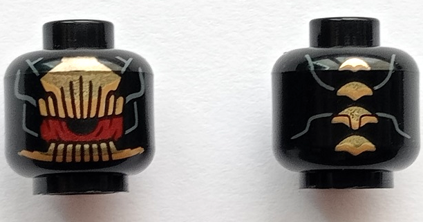 Minifigure, Head Alien Large Red Open Mouth with Gold Sharp Teeth, Scales on Back Pattern