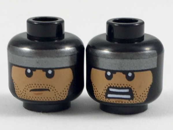 Minifigure, Head Dual Sided Balaclava, Flat Silver Headband, Nougat Face, Black Stubble, Firm / Fierce Expression Pattern