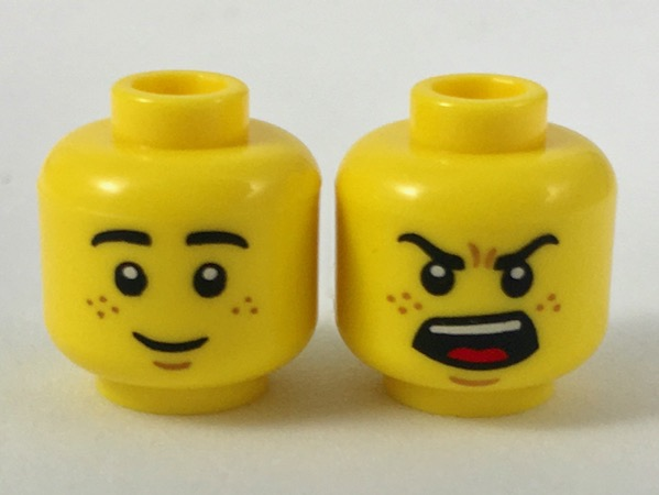 Minifigure, Head Dual Sided Black Eyebrows, Brown Freckles, Smile / Angry Roar Pattern