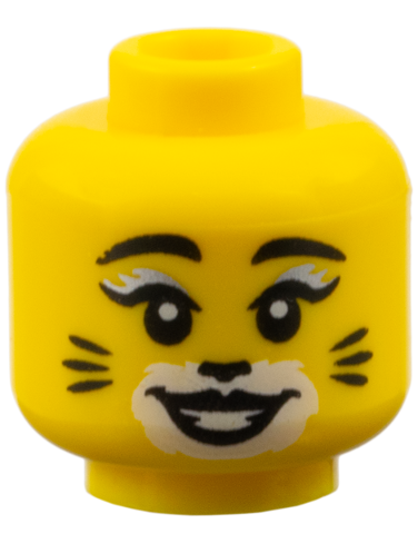 Minifigure, Head Female, Black Eyebrows and Eyelashes with Silver Highlight, White Makeup with Black Cat Nose and Whiskers Pattern