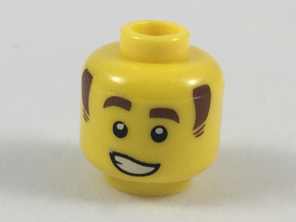Minifigure, Head Reddish Brown Eyebrows and Sideburns, Lopsided Grin with Teeth Pattern