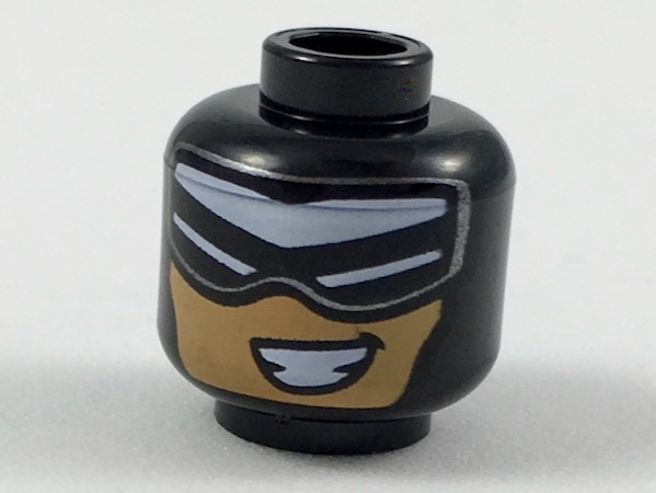 Minifigure, Head Balaclava with White Triangular Headband, Eye Slits, Nougat Face with Smile Showing Teeth Pattern