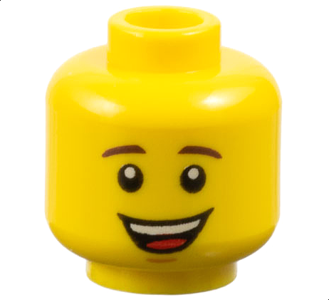 Minifigure, Head Dark Brown Eyebrows, Medium Nougat Chin Dimple, Open Mouth Smile with Top Teeth and Red Tongue Pattern