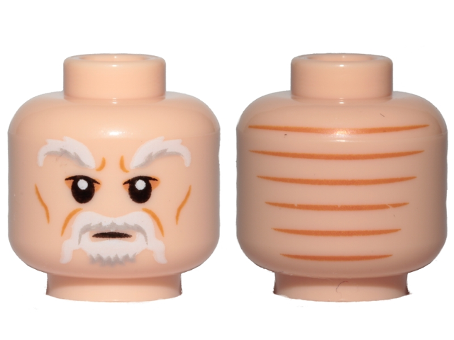 Minifigure, Head White and Light Bluish Gray Bushy Eyebrows, Moustache and Beard, Medium Nougat Wrinkles, Nougat Eye Shadow and Lines on Back Pattern