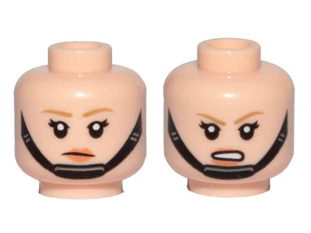 Minifigure, Head Dual Sided Female Dark Tan Eyebrows, Black Chin Strap, Disgusted / Angry Pattern