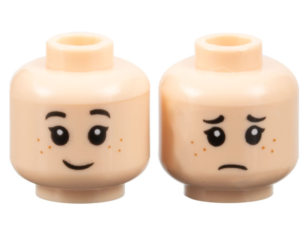 Minifigure, Head Dual Sided Child Female Black Eyebrows, Eyelashes, Dark Orange Freckles, Grin / Sad Frown Pattern