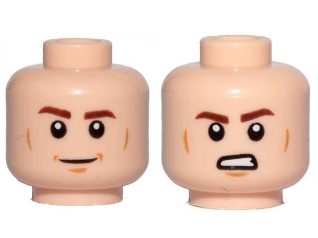 Minifigure, Head Dual Sided Reddish Brown Eyebrows, Medium Nougat Cheek Lines and Chin Dimple, Smile / Angry with Bared Teeth Pattern
