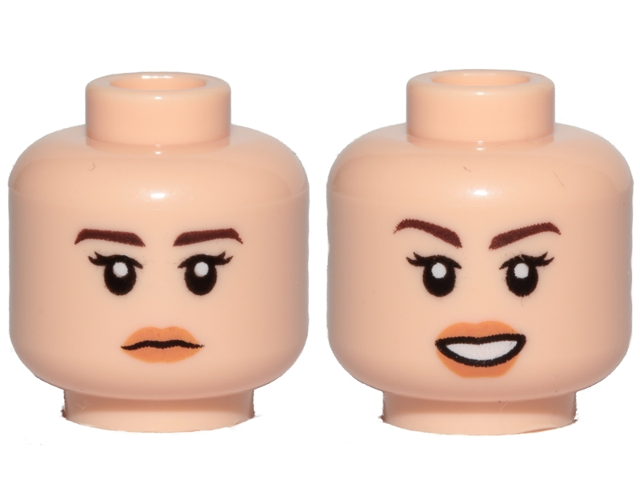 Minifigure, Head Dual Sided Female Dark Brown Eyebrows, Orange Lips, Neutral / Smile Pattern