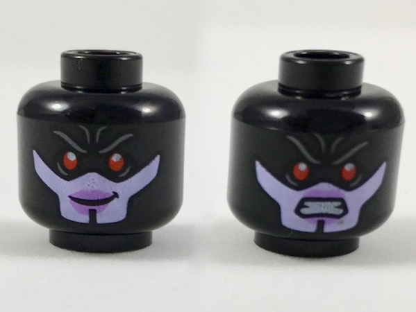 Minifigure, Head Dual Sided Alien Female with Red Eyes, Lavender Lower Face, Smiling / Scowling Expression Pattern