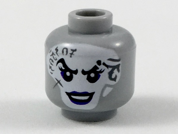 Minifigure, Head Female White Face with Dark Bluish Gray Tattoos, Dark Purple Eye Shadow and Lips Pattern
