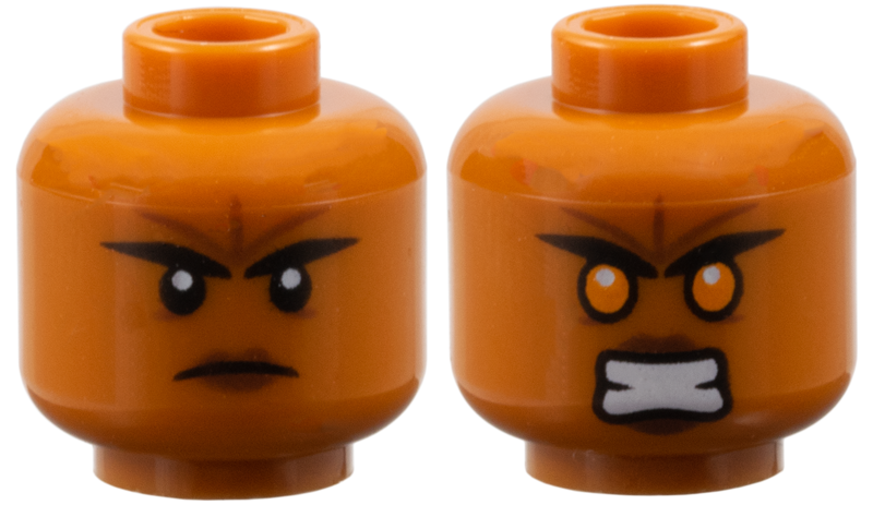 Minifigure, Head Dual Sided Female, Black Eyebrows, Reddish Brown Forehead Tattoo and Lips, Frown / Open Mouth Scowl with Orange Eyes Pattern (Brick)