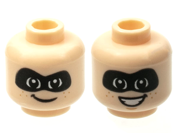 Minifigure, Head Dual Sided Child Black Mask, Dark Tan Freckles, Grin / Open Mouth Smile with Teeth Pattern