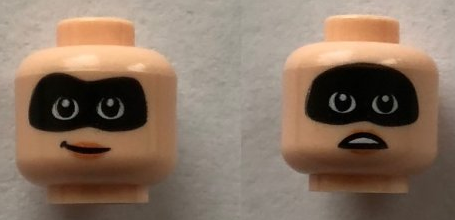 Minifigure, Head Dual Sided Female Black Mask, Nougat Lips, Grin / Concerned Open Mouth with Teeth Pattern