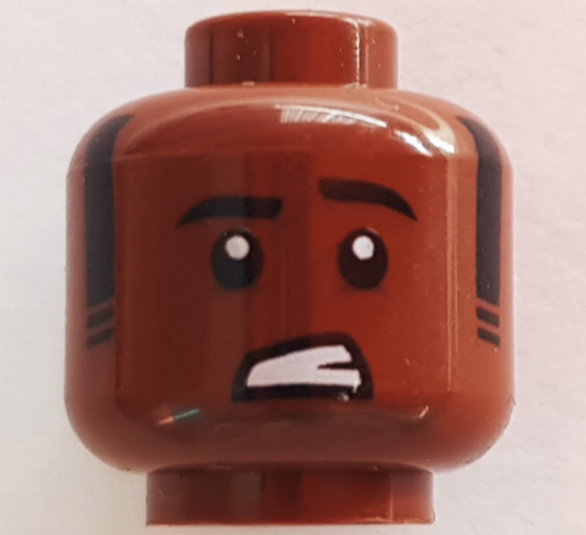 Minifigure, Head Black Eyebrows, Left Raised, Trimmed Sideburns, Dark Brown Lower Eyelids and Chin Dimple, Worried Lopsided Open Mouth with Teeth Pattern