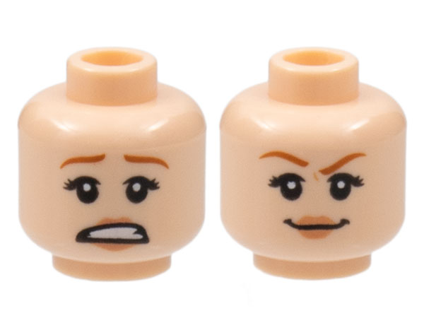 Minifigure, Head Dual Sided Female Dark Orange Eyebrows, Black Eyelashes, Nougat Lips, Scared Open Mouth with Teeth / Smirk Pattern