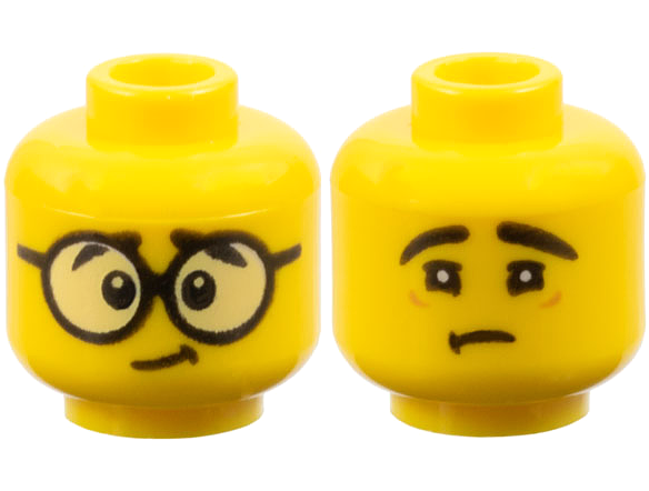 Minifigure, Head Dual Sided Large Black Round Glasses, Black Eyebrows / Sad Face with No Glasses Pattern
