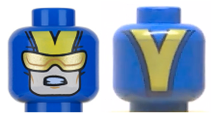 Minifigure, Head Balaclava with Light Nougat Face, Gold Visor, Medium Nougat Chin Dimple, Bared Teeth, Yellow V Shape on Back Pattern