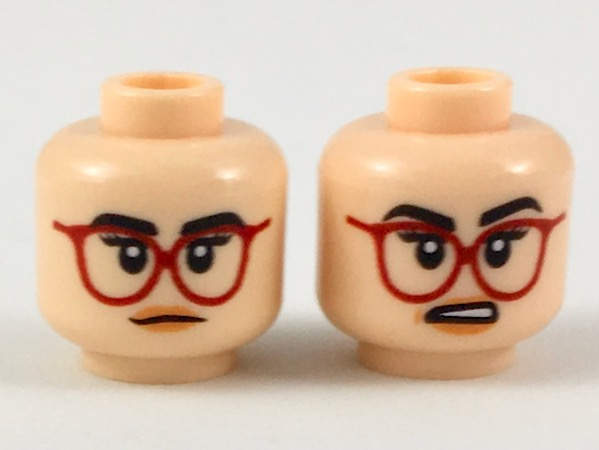 Minifigure, Head Dual Sided Female Black Eyebrows, Red Glasses, Peach Lips, Neutral / Surprised Expression Pattern