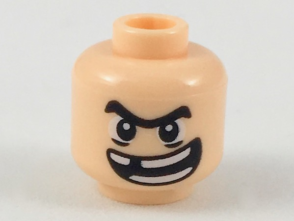Minifigure, Head Black Unibrow, Wide Lopsided Grin Showing Teeth, Missing a Tooth Pattern